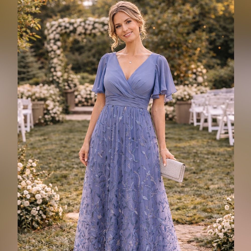 Blue short Sleeves Leaf Midi Wedding guest mother‎ of bride Dress 18W NWNT